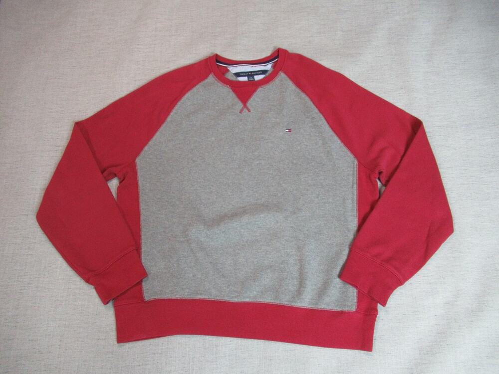 Tommy Hilfiger Sweatshirt Mens Large Red Gray Pullover Raglan Sporty Preppy